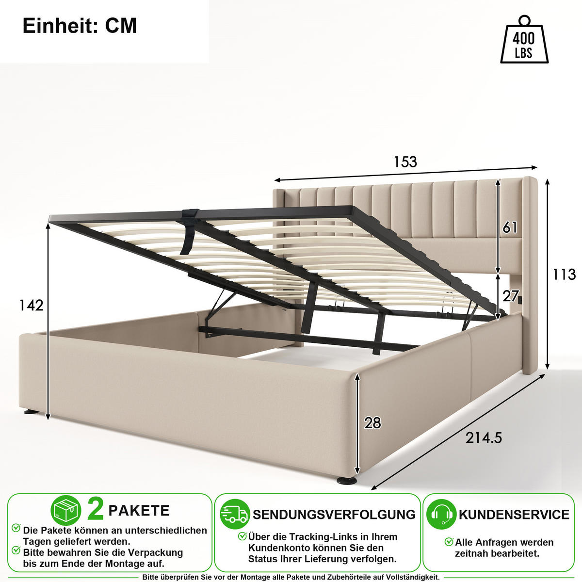 POLSTERBETT 140/200 cm in Beige mit Bettkasten und Vertikalsteppung Leinen - Beige, Holzwerkstoff/Textil (140/200cm) - CHICFURN