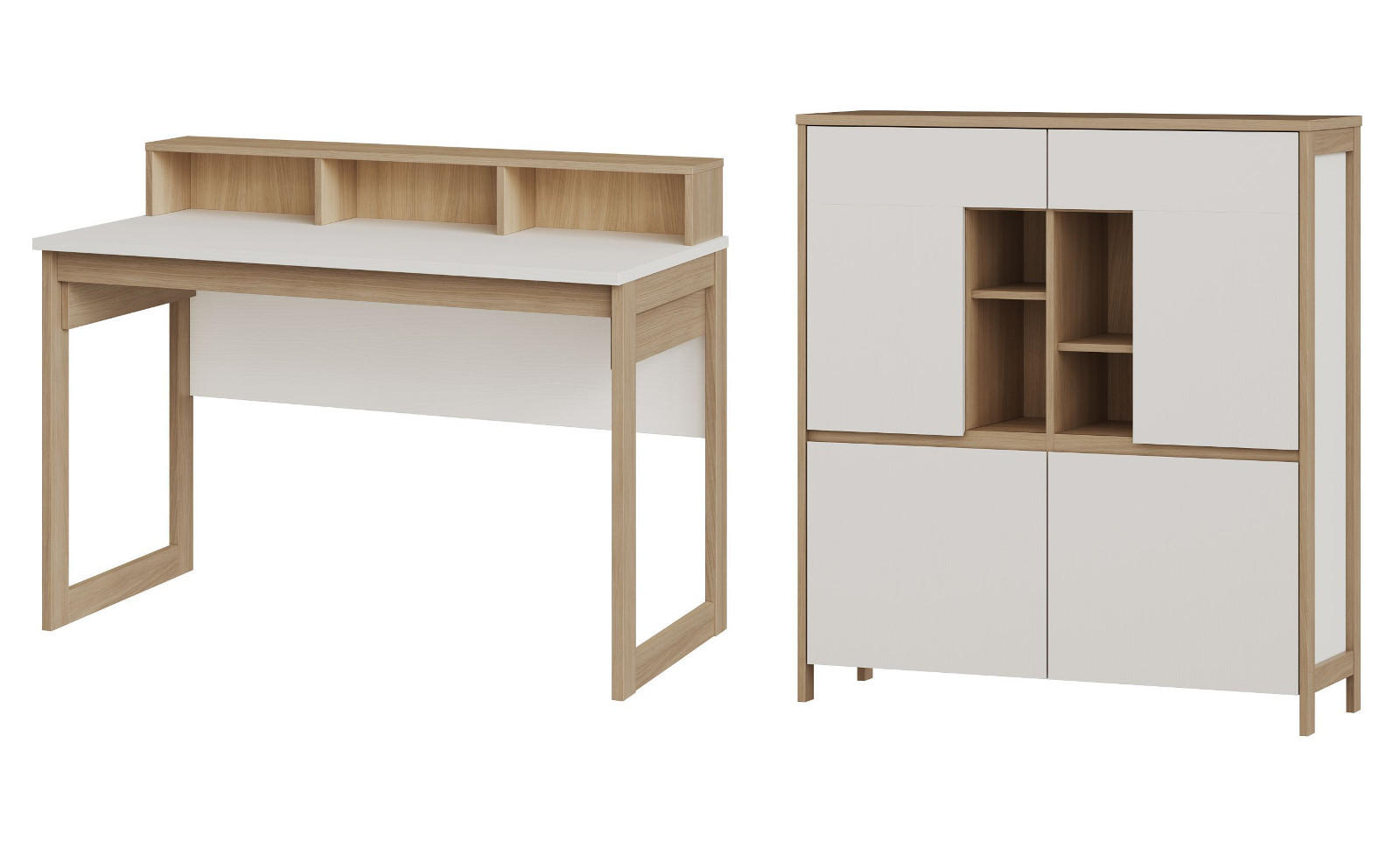 WOHNKOMBINATION weiß, Eiche, Set mit Highboard und Schreibtisch, Soft-Close, Finnes - Eichefarben/Weiß, Glas/Holzwerkstoff (246/125/60cm) - Furn.Design