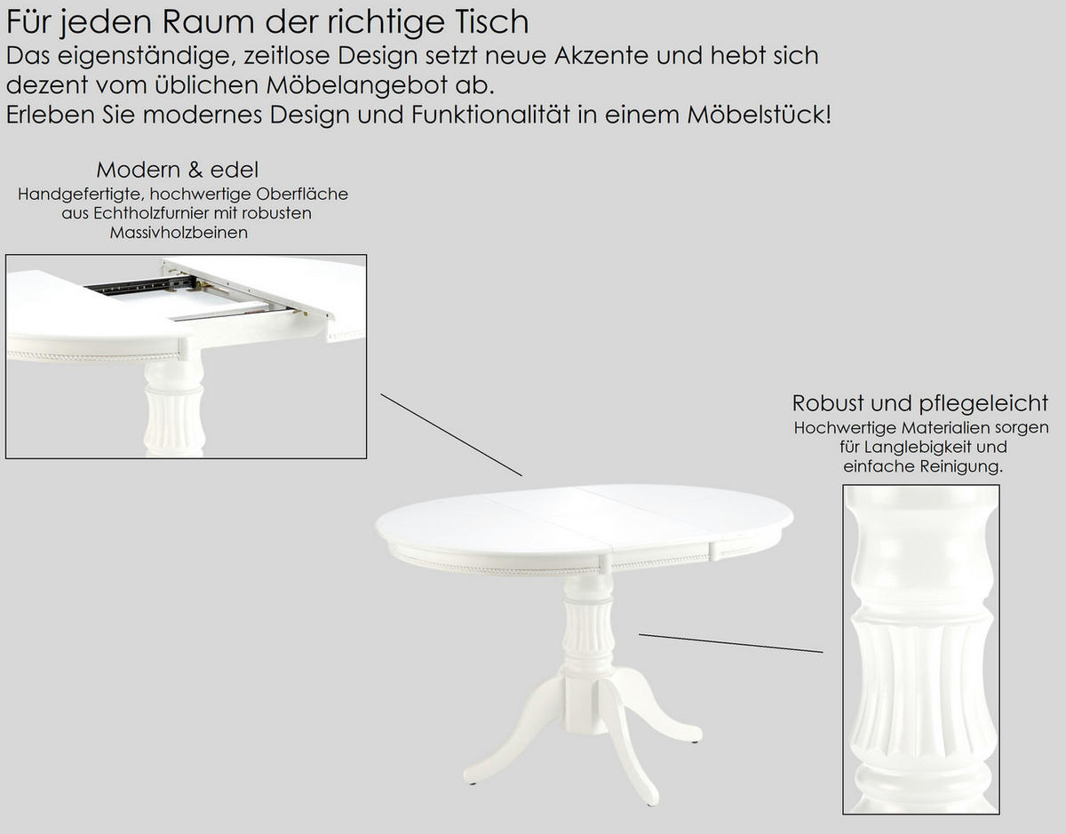 ESSTISCH rund Weiß ausziehbar Echtholzfurnier 90/90/75 cm - Weiß, Holz (90/90/75cm) - designimpex