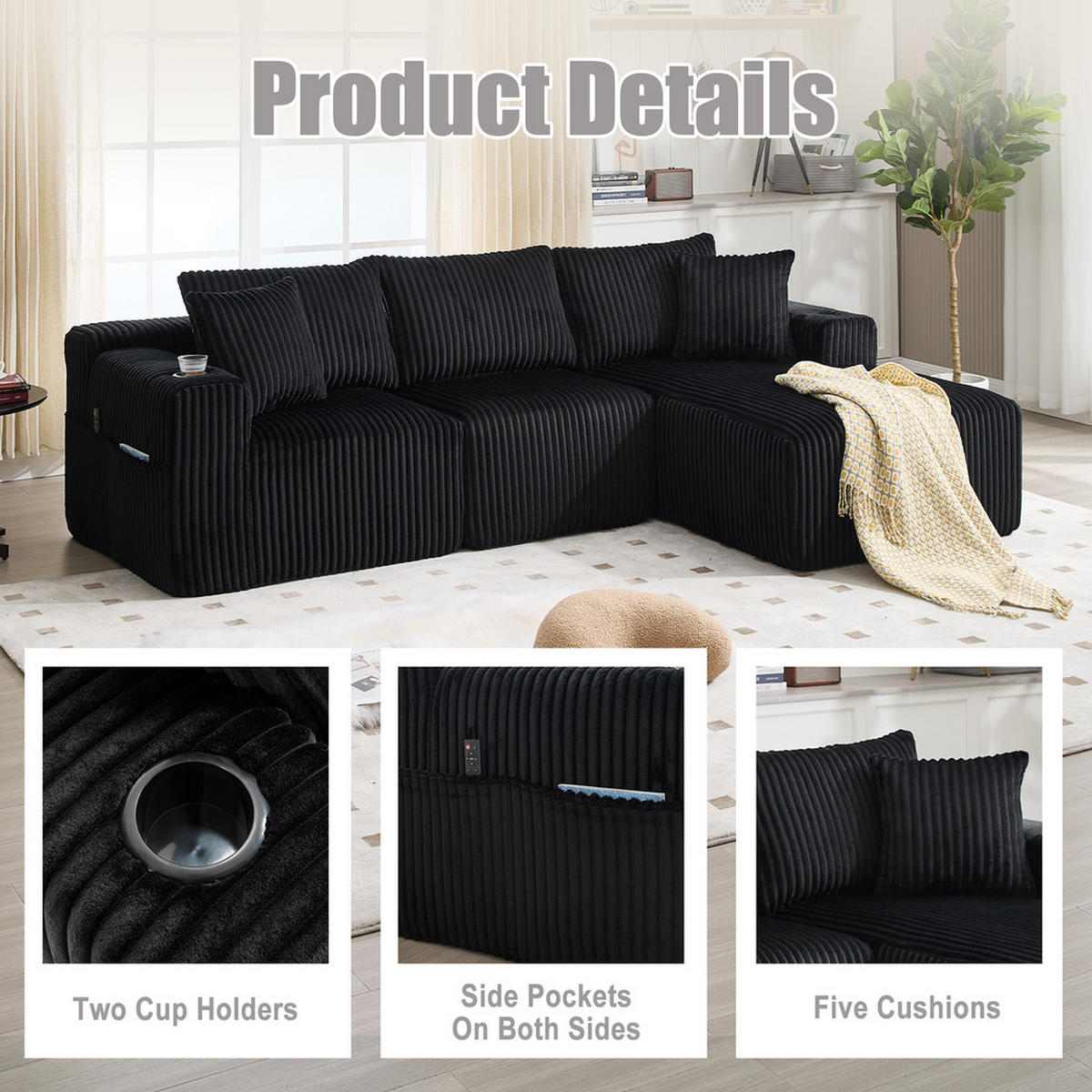 MODULARES 257x160cm Beige Getränkehalter - Schwarz, Textil (160/257cm) - Raelunyi