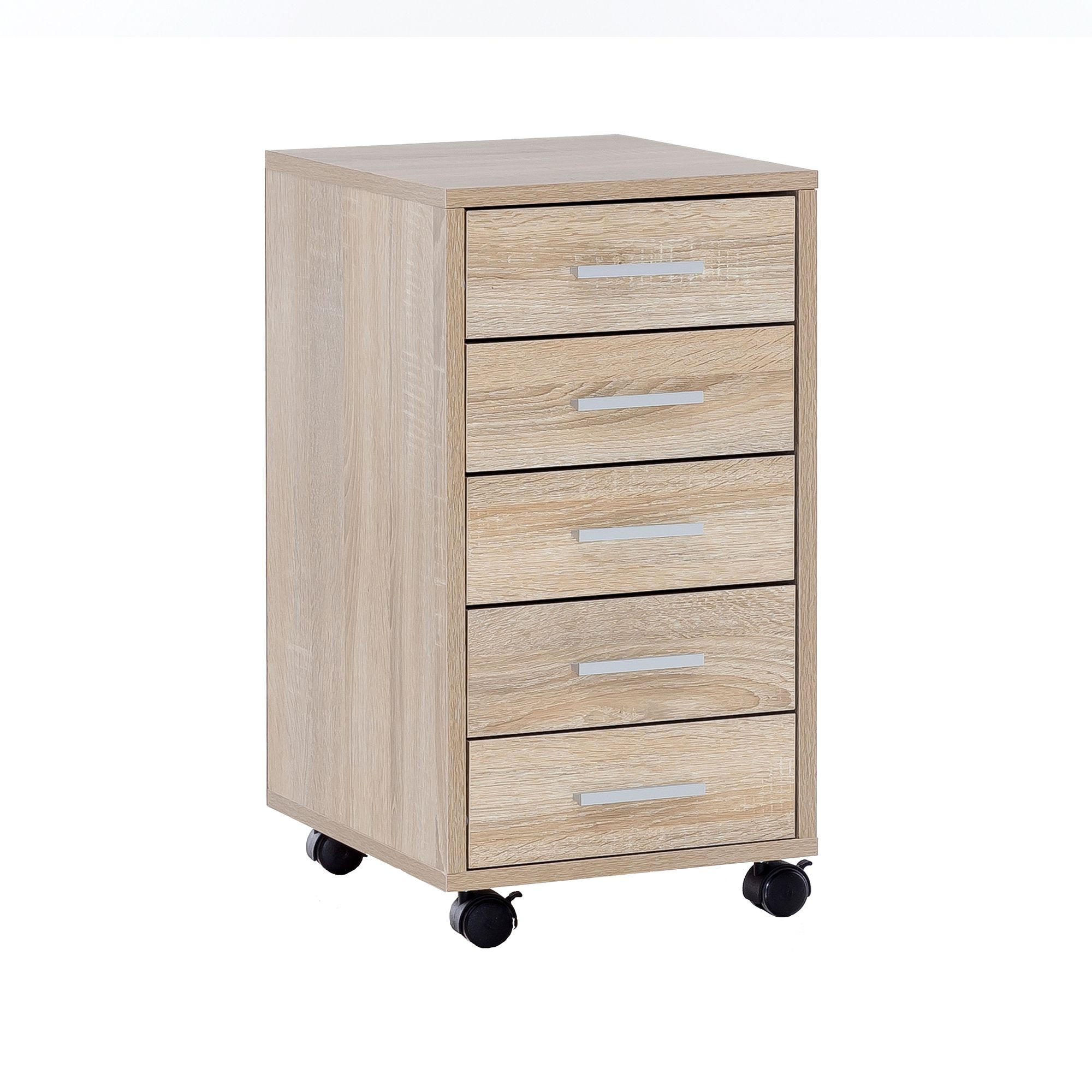 ROLLCONTAINER Holz 5 Schubladen Schmal Mit Rollen, Sonoma 33x38x63 cm - Schwarz/Braun, Kunststoff (33/63/38cm) - KADIMA DESIGN