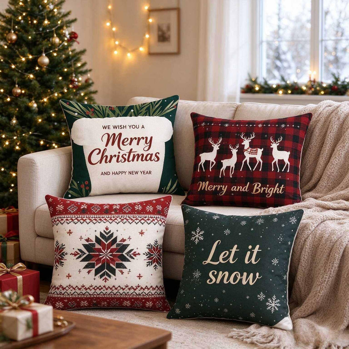 KISSENBEZUG – Weihnachtskissenbezug (Kissenfüllung nicht enthalten) – 45 x 45 cm – Multicolor(vier Stück) - Multicolor, Textil (45/45cm)