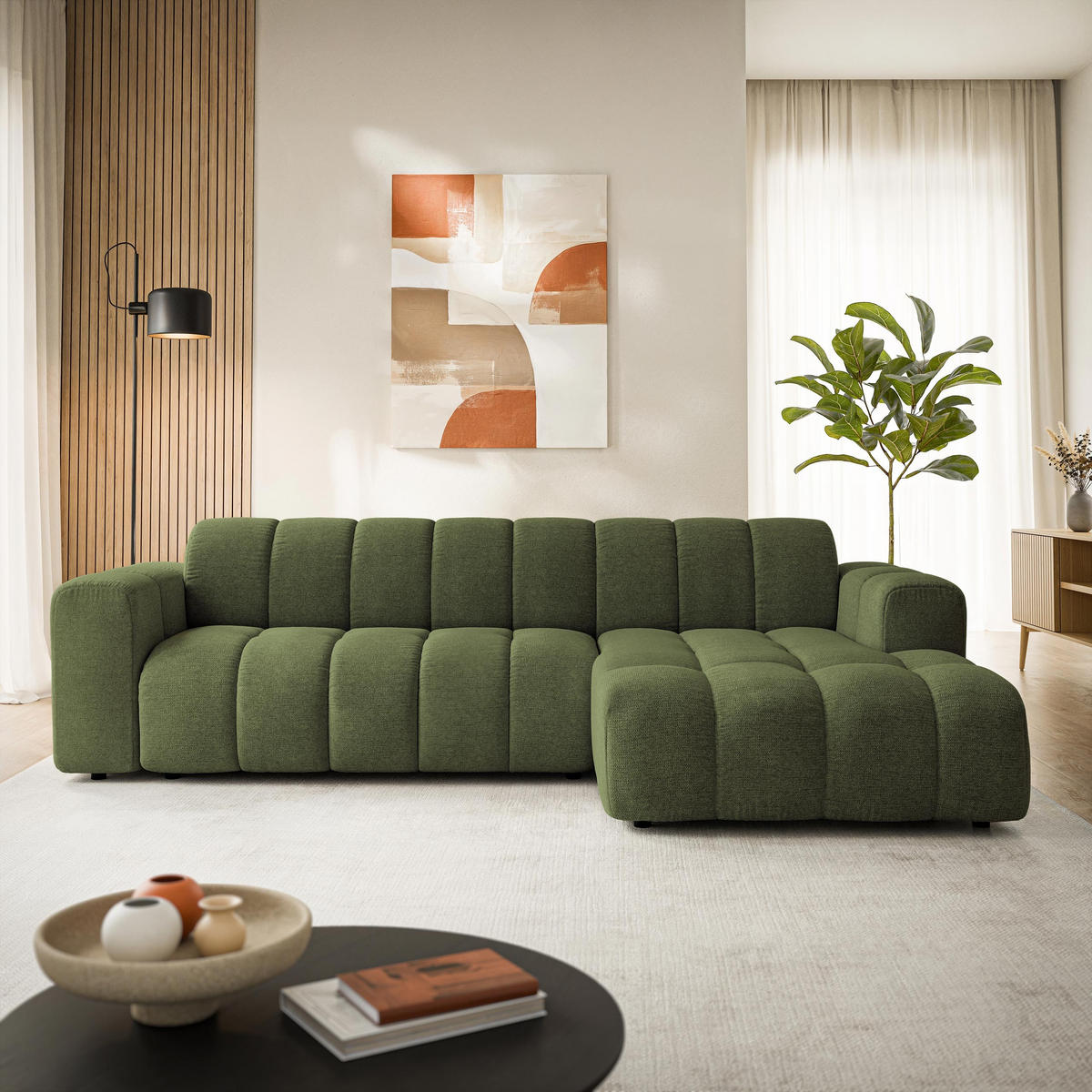 ECKSOFA SETIA Olivgrün Strukturstoff mit Schlaffunktion - Olivgrün, Holz (304/165cm) - MASSENO