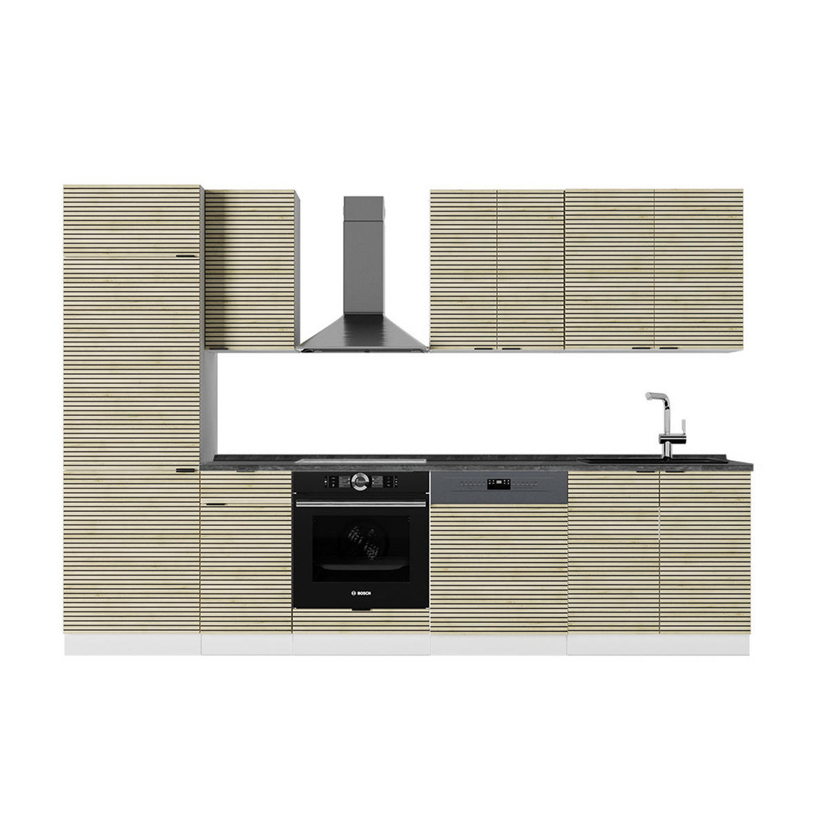 KÜCHENZEILE Fame-Line Eiche Paneel/Weiß 300 cm , AP Anthrazit - Hellbraun/Eichefarben, Holzwerkstoff (300/81.6/60cm) - Vicco