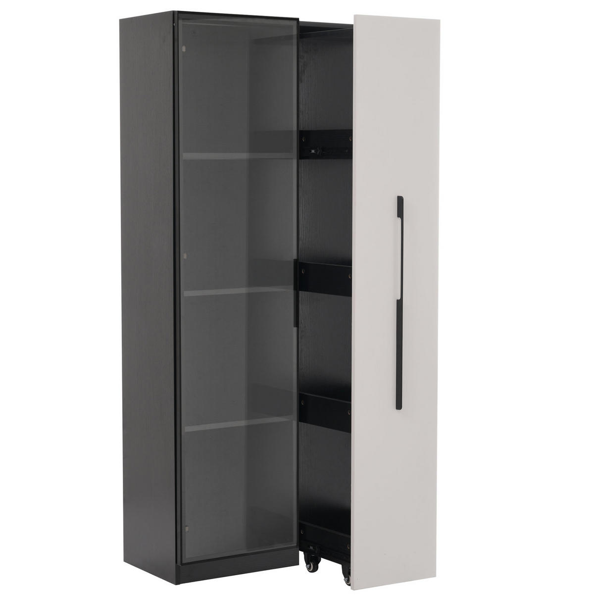 VITRÍNA z MDF 70x40x160 cm černo-bílá s LED osvětlením, bočním výsuvem a skleněnou přední částí - černá, kompozitní dřevo (70/160/40cm) - Modfu