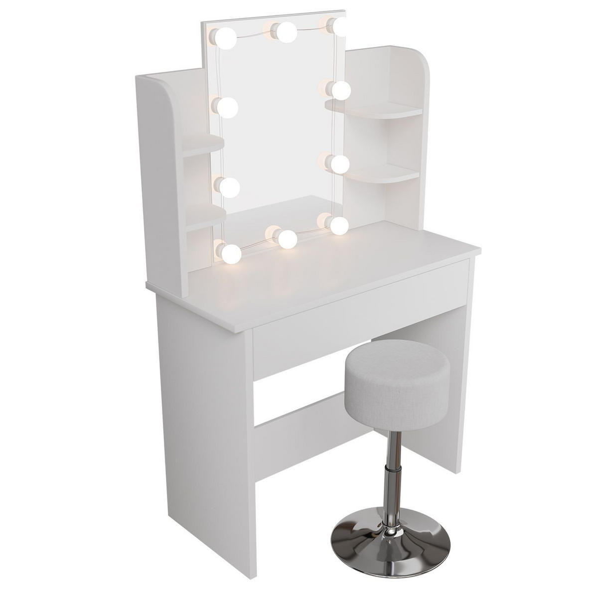 SCHMINKTISCH Zoey LED-Beleuchtung & Hocker Tonia - Weiß, Holz (40/140/90cm) - Juskys