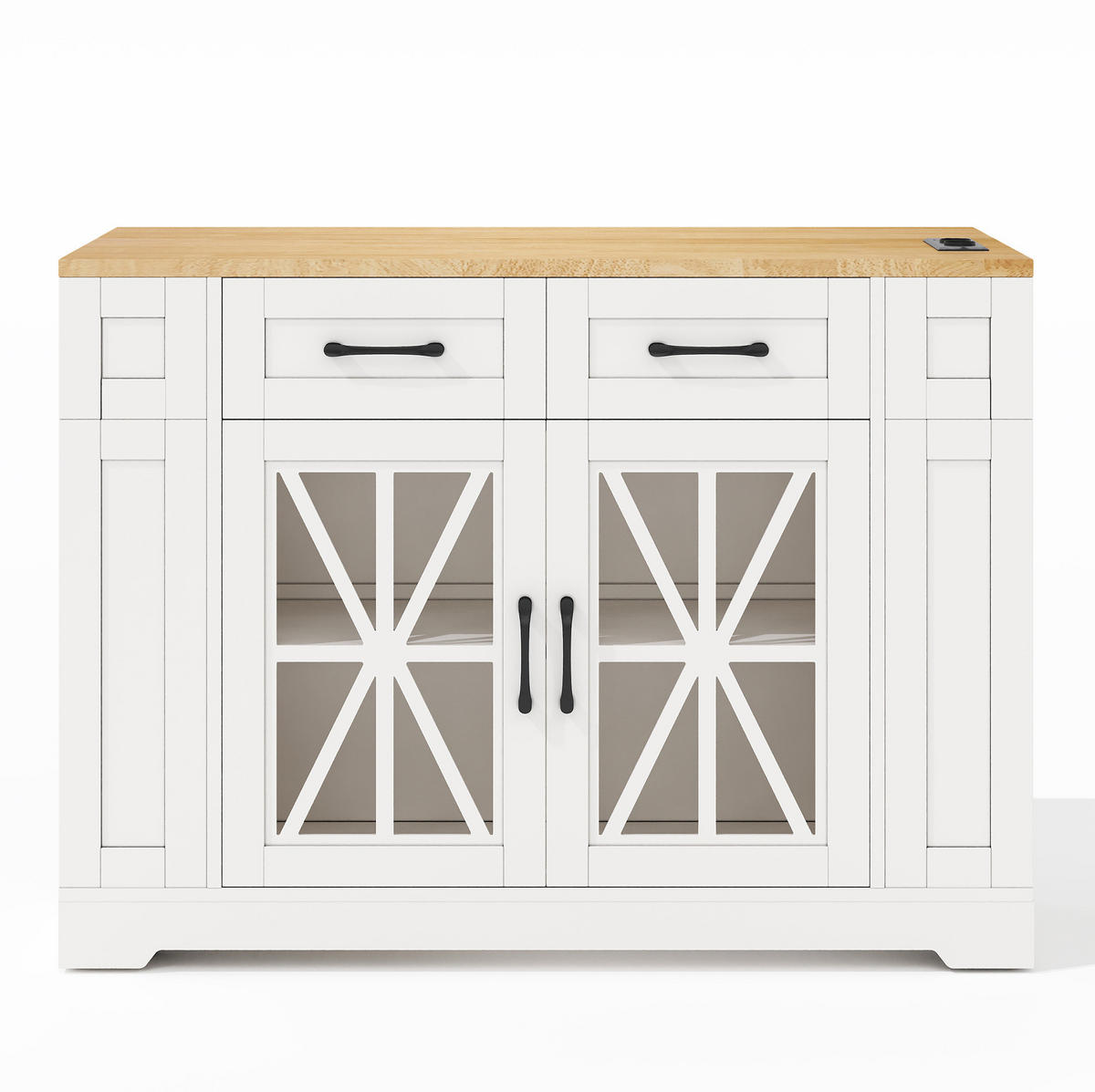 KÜCHENINSEL 120/40(65)/92 cm mit Klapptisch, 2 AC- und 2 USB-Anschlüssen, Glastüren und Rollen, Weiß/Natur - Weiß, Holzwerkstoff (120/92/65cm) - Redom