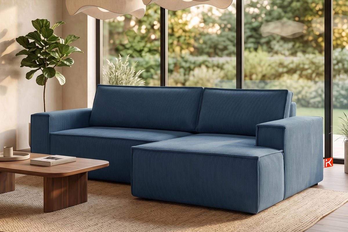 ECKSCHLAFSOFA-RECHTS NAPI in Pet Friendly Cord-Stoff, marineblau - Blau/Schwarz, Textil (262/148cm) - KONSIMO®