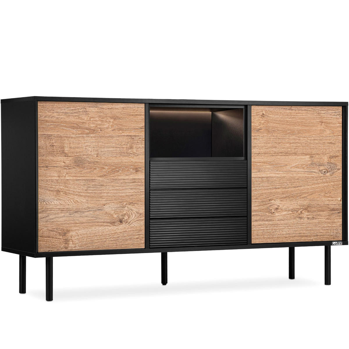 KOMMODE LOFTY Außenseiteneinlage, schwarz / Eiche natur - Eichefarben/Schwarz, Holzwerkstoff (151/84/41cm) - KONSIMO®
