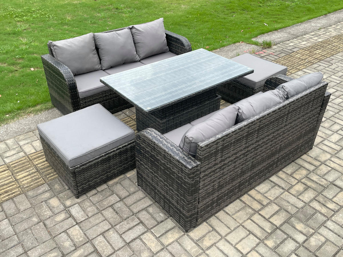 GARTENTISCHGRUPPE Polyrattan 8-Sitzer - Dunkelgrau/Grau, Glas/Kunststoff - Fimous