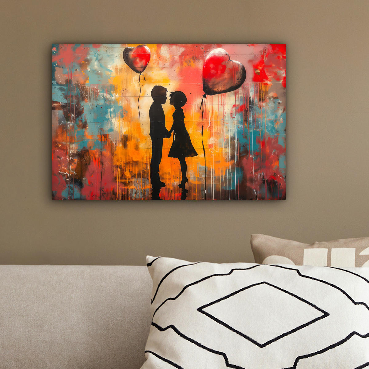 LEINWANDBILD Straßenkunst - Liebe - Graffiti - Kunst - Banksy 30x20 cm - Orange, Textil (30/20cm) - MuchoWow