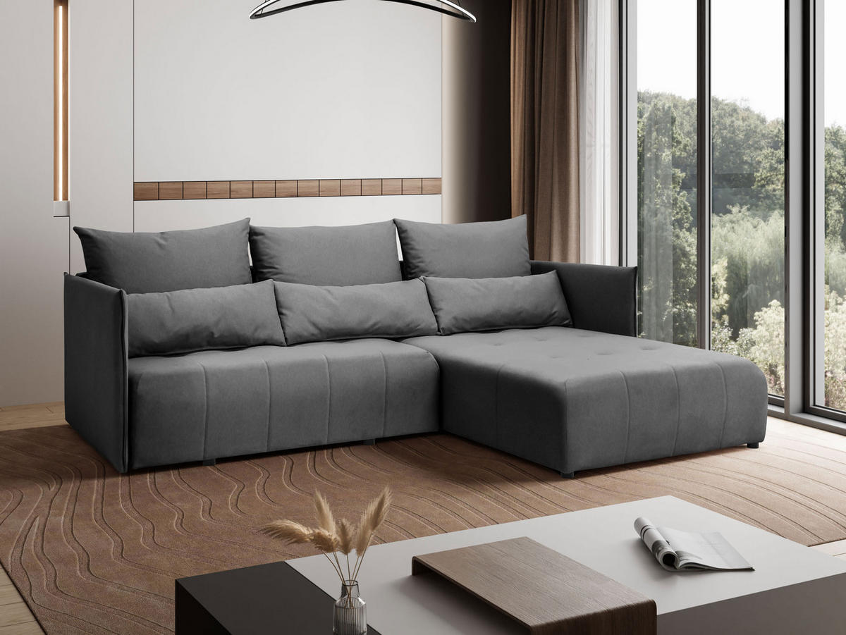ECKSOFA L Form Hanna 246 x 188 cm mit Schlaffunktion und Bettkasten, 4 Sitzer, Bettzeugablage, Sofa, Eckcouch, dunkelgrau, rechts - Dunkelgrau, Kunststoff (188/246cm) - Margaret Hadas24
