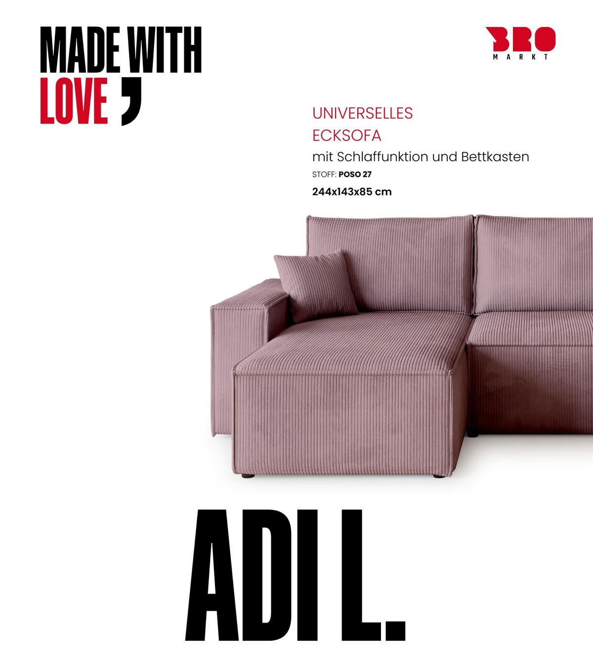 ECKSOFA ADI mit Schlaffunktion Puderrosa Cord - Rosa, Textil (244/143cm) - Bromarkt