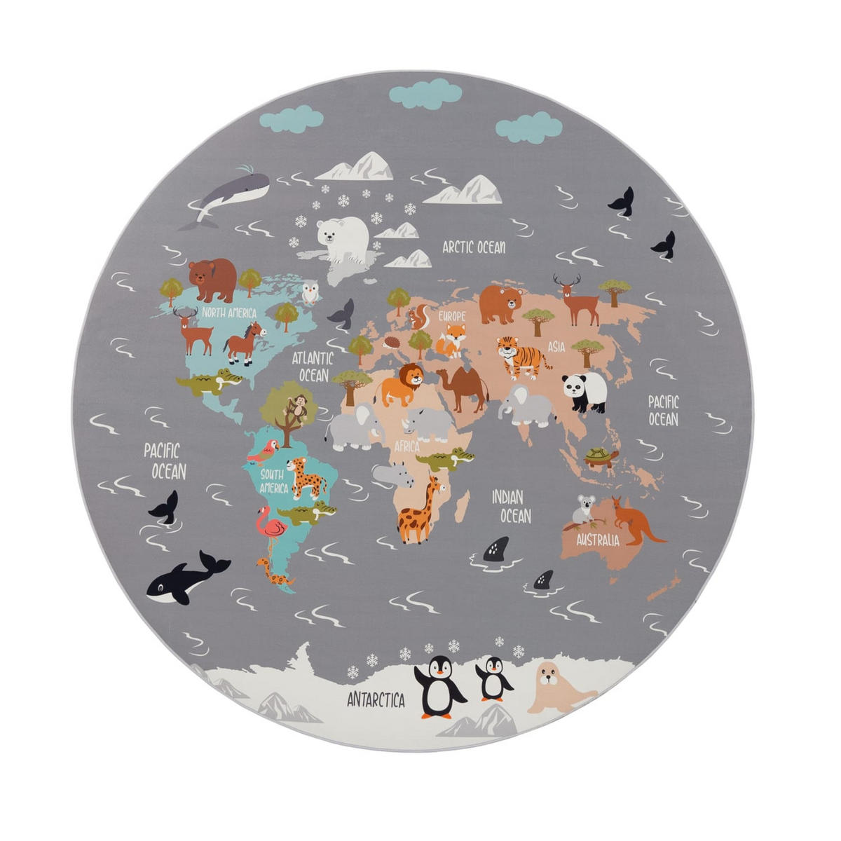 KINDERTEPPICH waschmaschinenwaschbar Tier‑Weltkarten‑Muster Kinderzimmer schmutzabweisend Grau Rund 200D - Grau, Textil (200/200cm) - KADIMA DESIGN