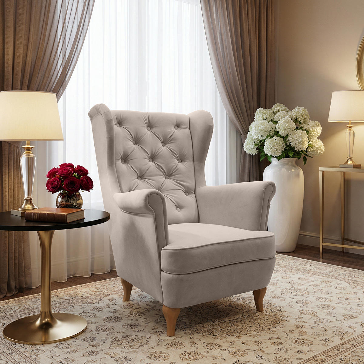 CHESTERFIELD-SESSEL Falco beige mit Holzbeinen - Beige/Buchefarben, Holz/Textil (82/102/92cm) - Beautysofa