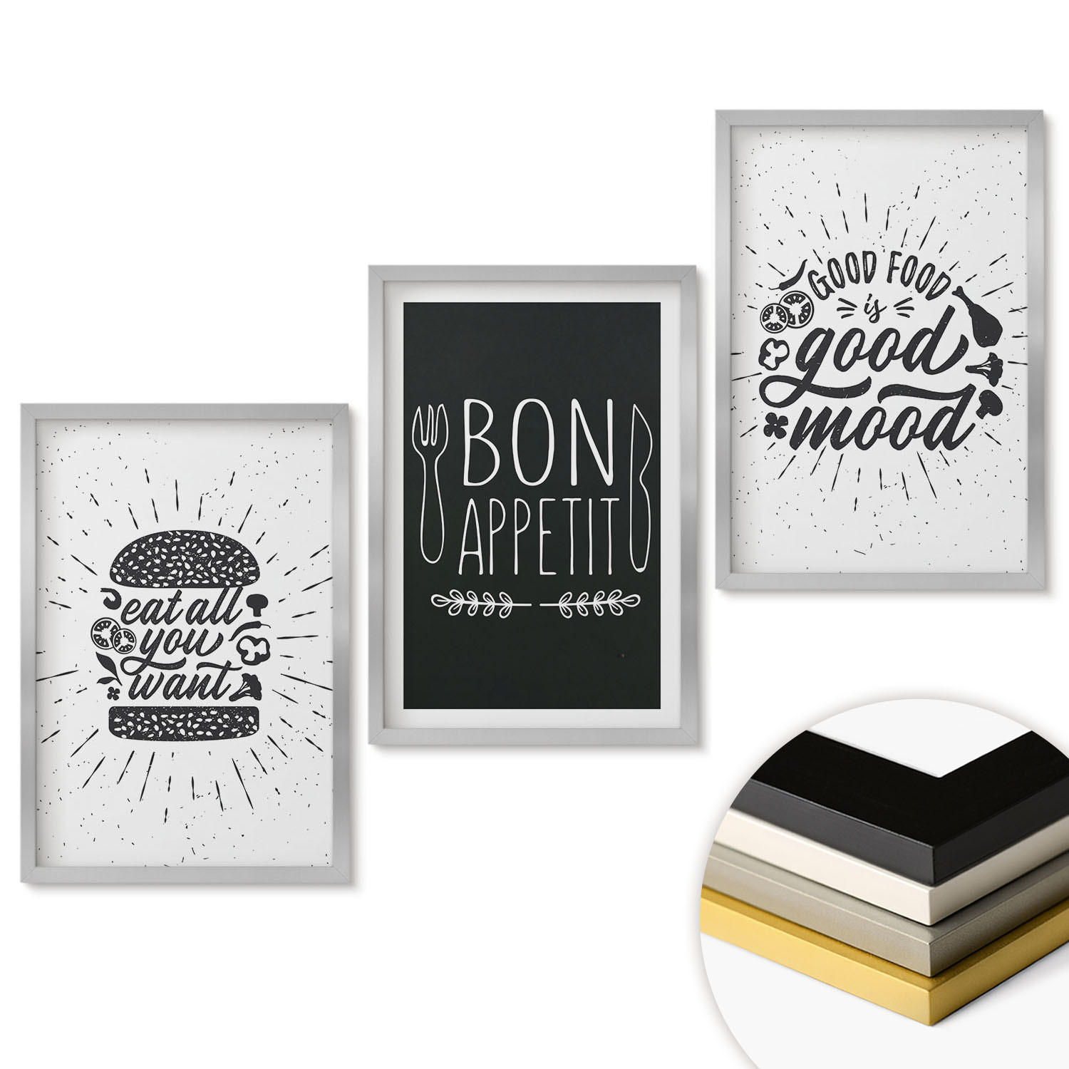 WANDBILDER 3er Set - 40x60 cm Silberner Rahmen - Grafiken, Lebensmittel, kulinarische Slogans - Silberfarben, Kunststoff (40/60cm) - ArtPrintCave