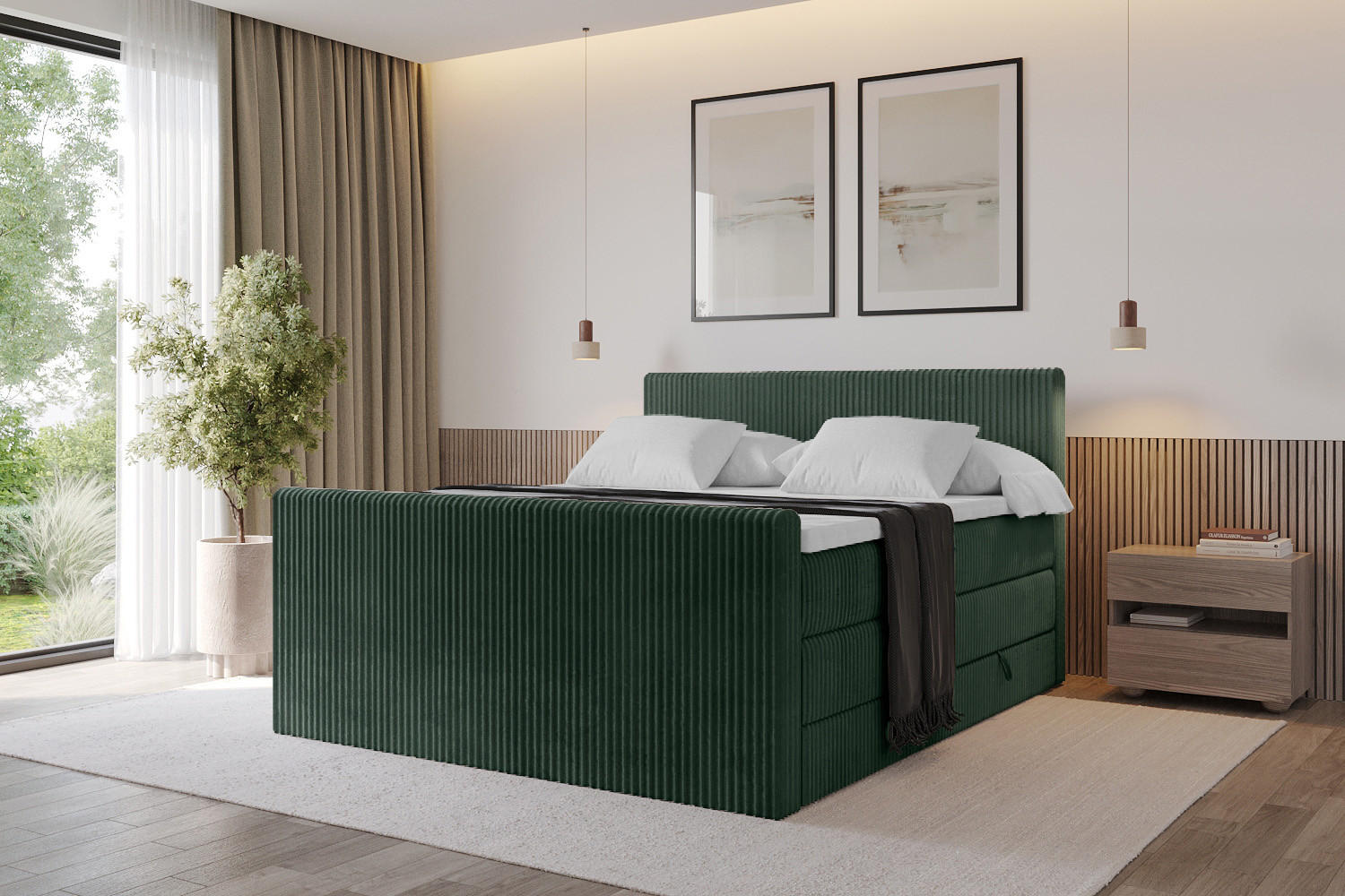 BOXSPRINGBETT mit Matratze H3|H4 und Lattenrost - TOLO-Z KING 200x200 Cord - Dunkelgrün - Dunkelgrün, Holzwerkstoff (200/200cm) - ALTDECOR