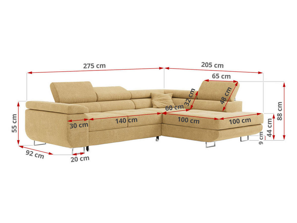 ROHOVÁ SEDAČKA GUSTAW L - Žlutý Strukturovaná látka - Levá Strana - stříbrná/žlutá, kov/textil (275/205cm) - MKS