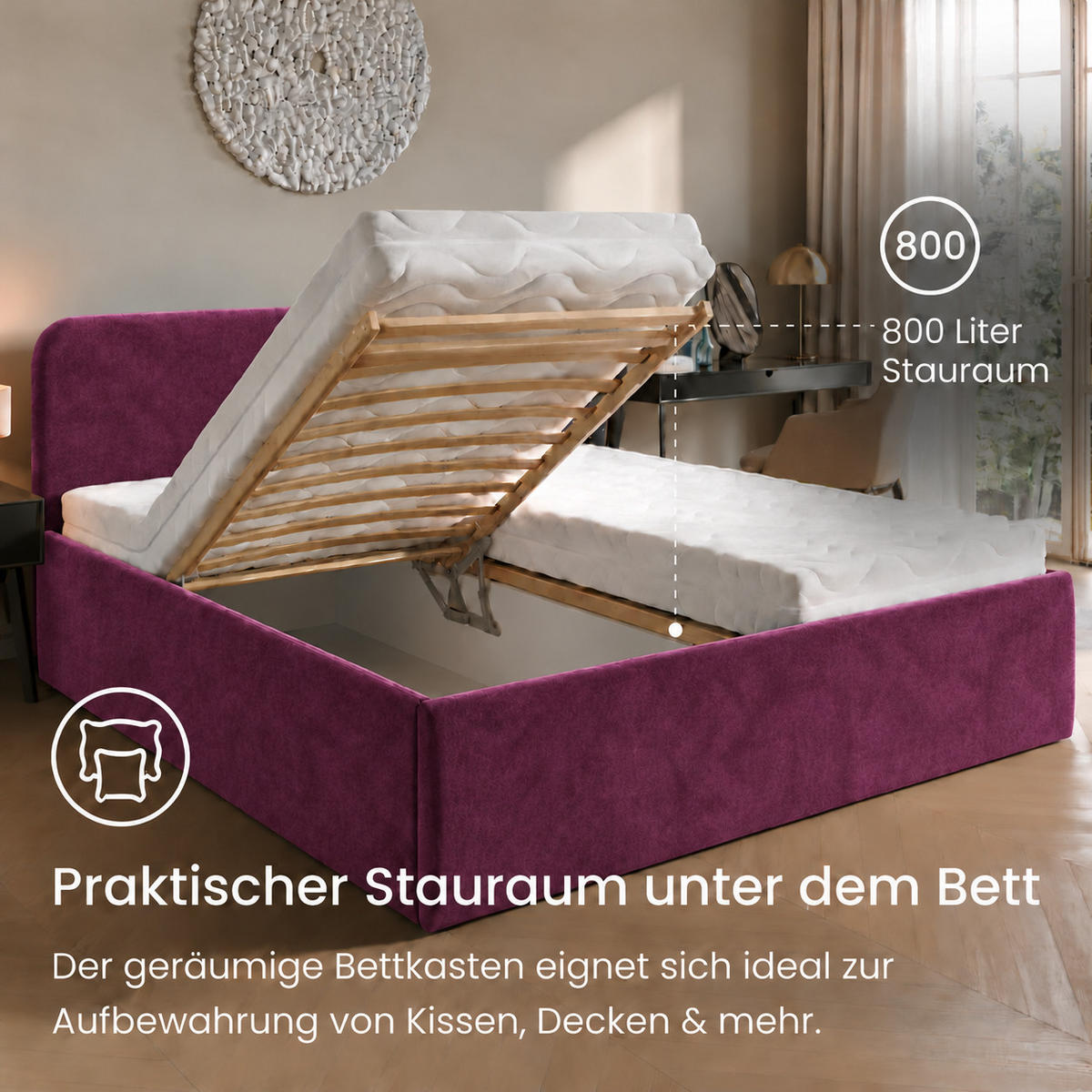 POLSTERBETT 200x200 cm Microvelours in Beere - Beere, Textil (200/200cm) - Home Collective
