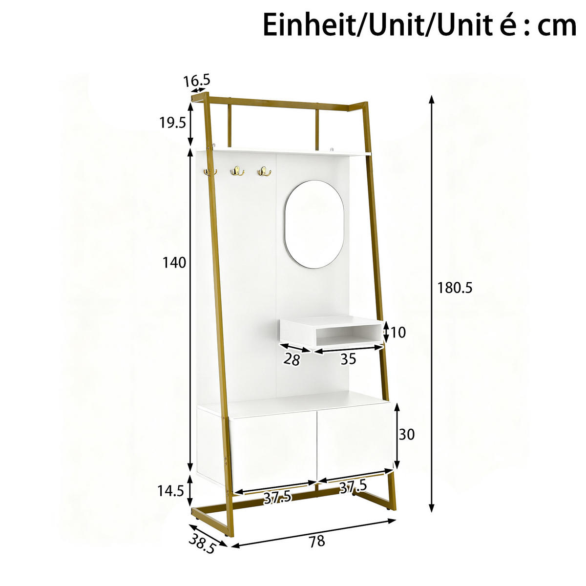 GARDEROBE-SET in Weiß und Gold Flurgarderobe mit Spiegel und Schuhbank für Eingangsbereich und Flur, B78/T38.5/H180.5 cm - Goldfarben/Weiß, Glas/Holzwerkstoff (78/180.5/38.5cm) - STILVORA