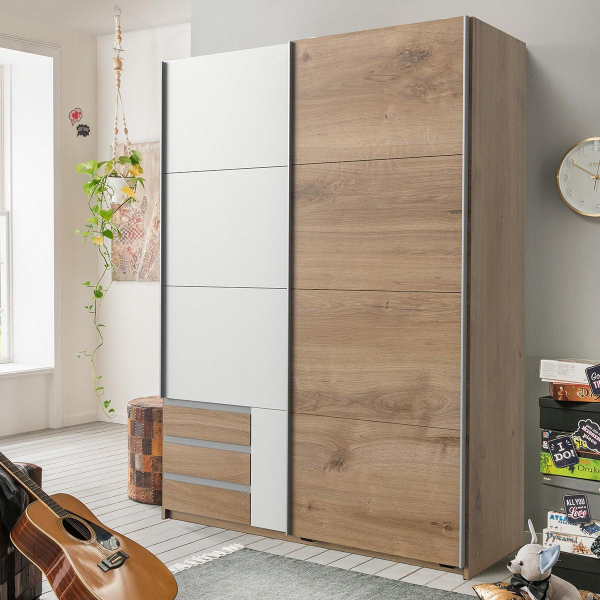 KLEIDERSCHRANK mit 2 Schiebetüren - L135 cm - Weiß, Holzwerkstoff (65/198/135cm) - Calicosy