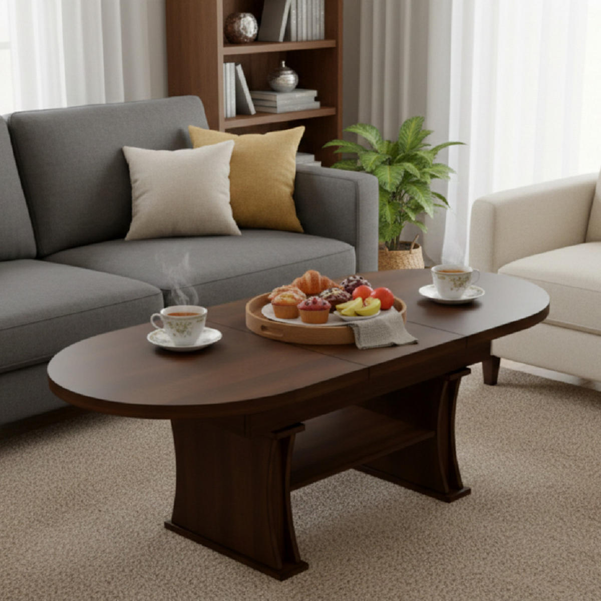 COUCHTISCH oval ausziehbar höhenverstellbar Ablage 130/80/60 cm - Walnussfarben, Holzwerkstoff (80/130/60cm) - designimpex