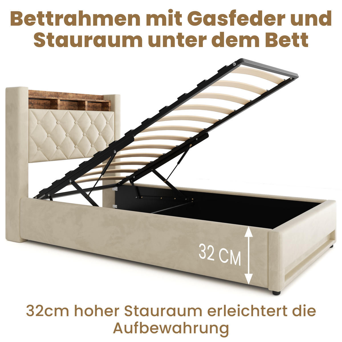 POLSTERBETT 90/200 cm mit Bettkasten und Steckdose Boxspringbett mit USB und LED-Licht Stauraumbett ohne Matratze - Beige, Holzwerkstoff/Textil (90/200cm) - STILVORA