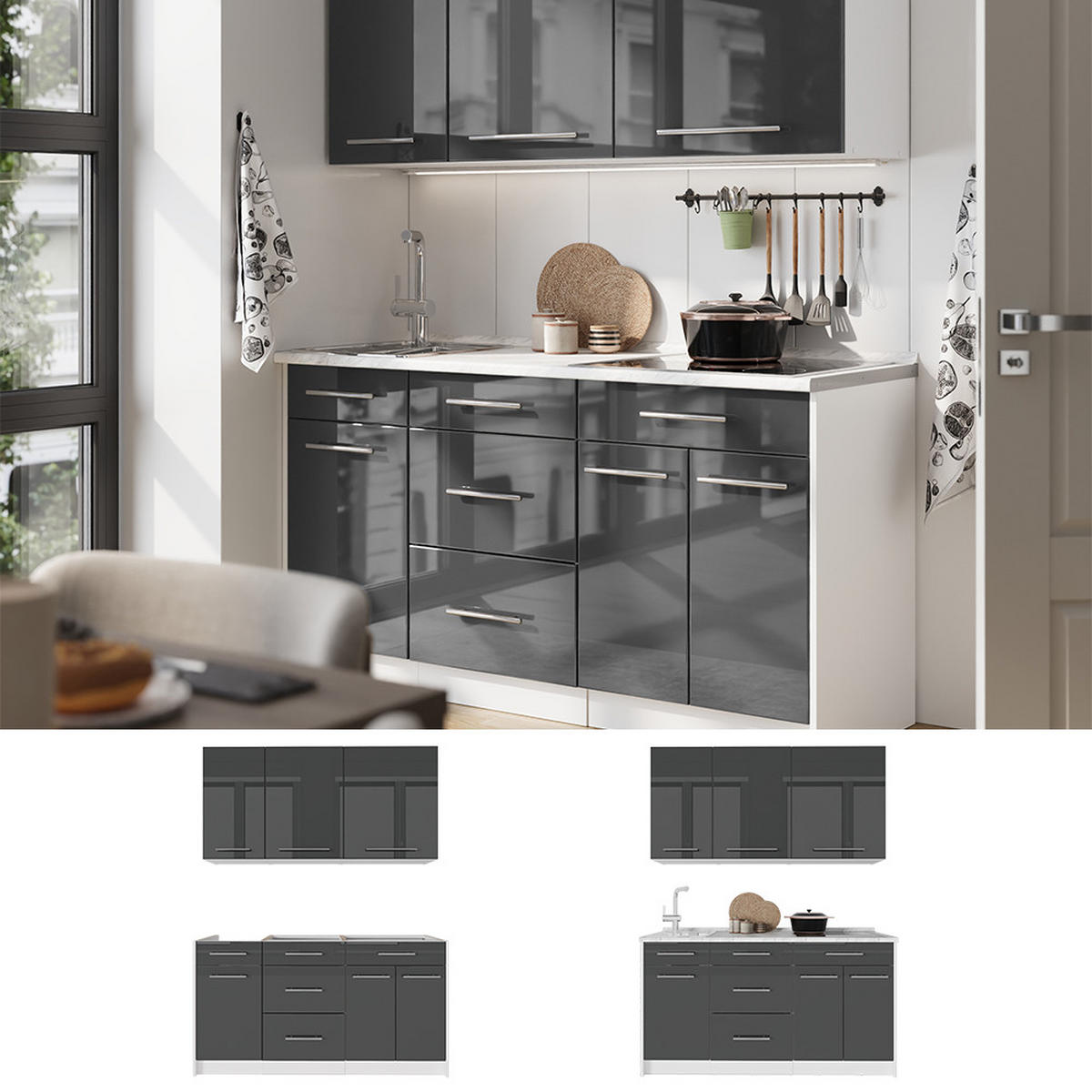 SAMOSTATNÁ KUCHYŇA Fame-Line, Antracit vysoký lesk/biely, 150 cm, AP Marble - biela/čierna s vysokým leskom, kompozitné drevo (150/82/60cm) - Vicco