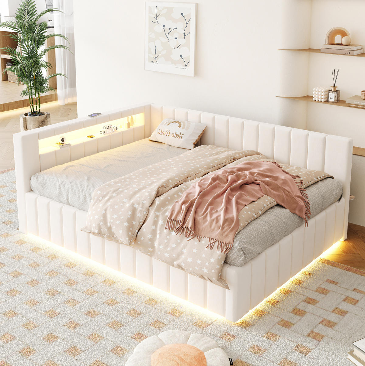 POLSTERBETT 140/200 cm aus Samtstoff mit LED-Beleuchtung USB-Anschluss und Stauraum Beige - Beige, Textil (140/200cm) - Modenvie