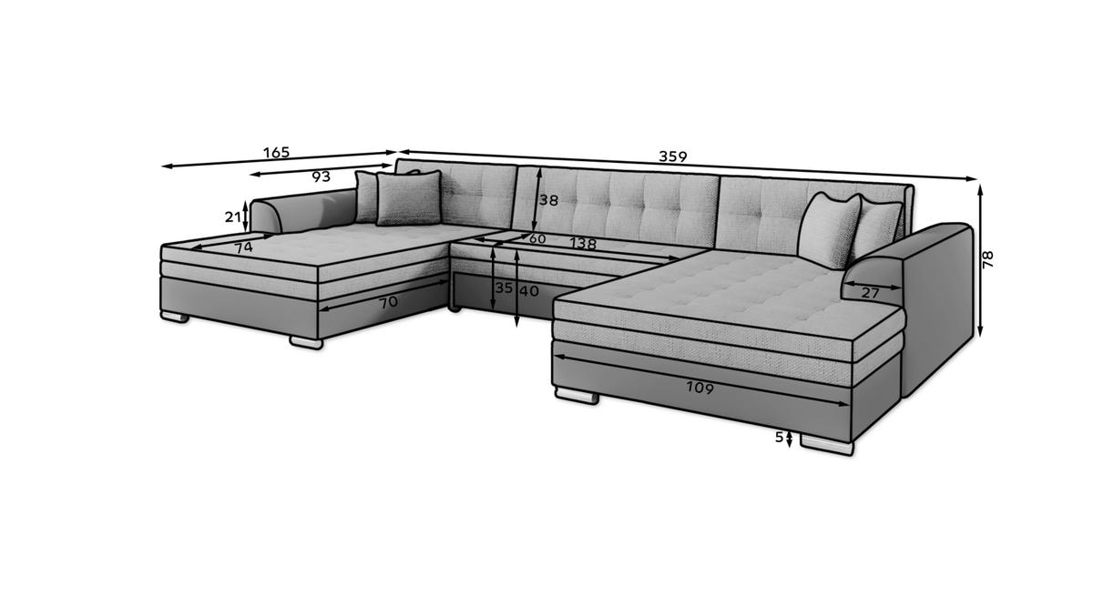 WOHNLANDSCHAFT VENTO U-Form – Großzügiges Ecksofa mit Schlaffunktion & Kissen 359 cm - Schwarz, Kunststoff (359/78/165cm) - Wohnideebilder