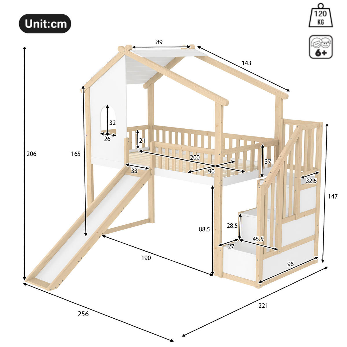 HOCHBETT 90x200cm Natur + Weiß Stauraumleiter Fenster Rutsche - Multicolor, Holz (90/200cm) - FLIEKS