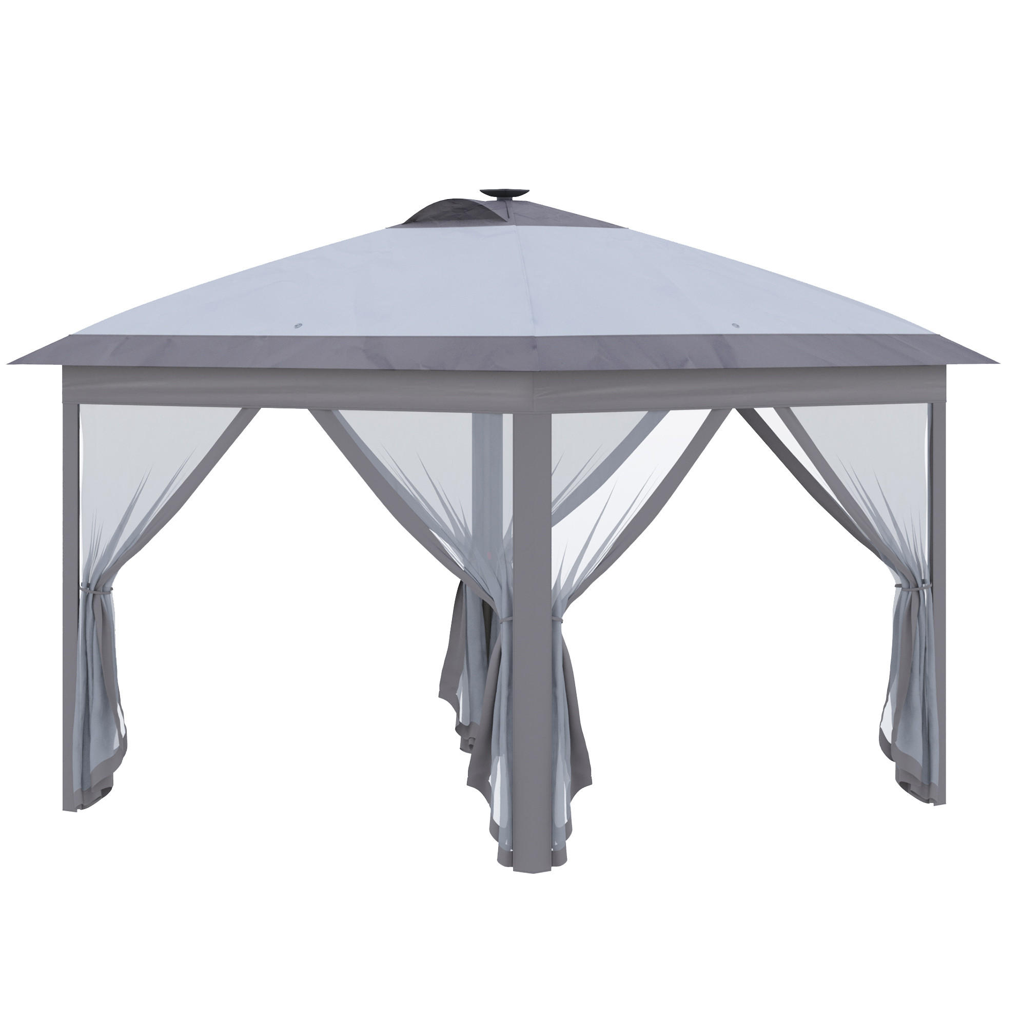 FALTPAVILLON aus Metall 330/330/288 cm mit LED-Beleuchtung, USB-Aufladung und Netzvorhängen, Grau - Grau, Metall (330/288/330cm) - Redom