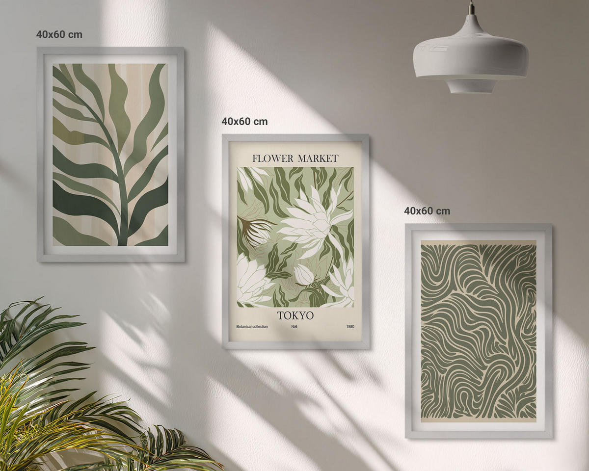 BILDER SET 3er Set - 40x60 cm Silberner Rahmen - Pflanzenmuster, Boho-Dekorationen - Silberfarben, Kunststoff (40/60cm) - TULUP