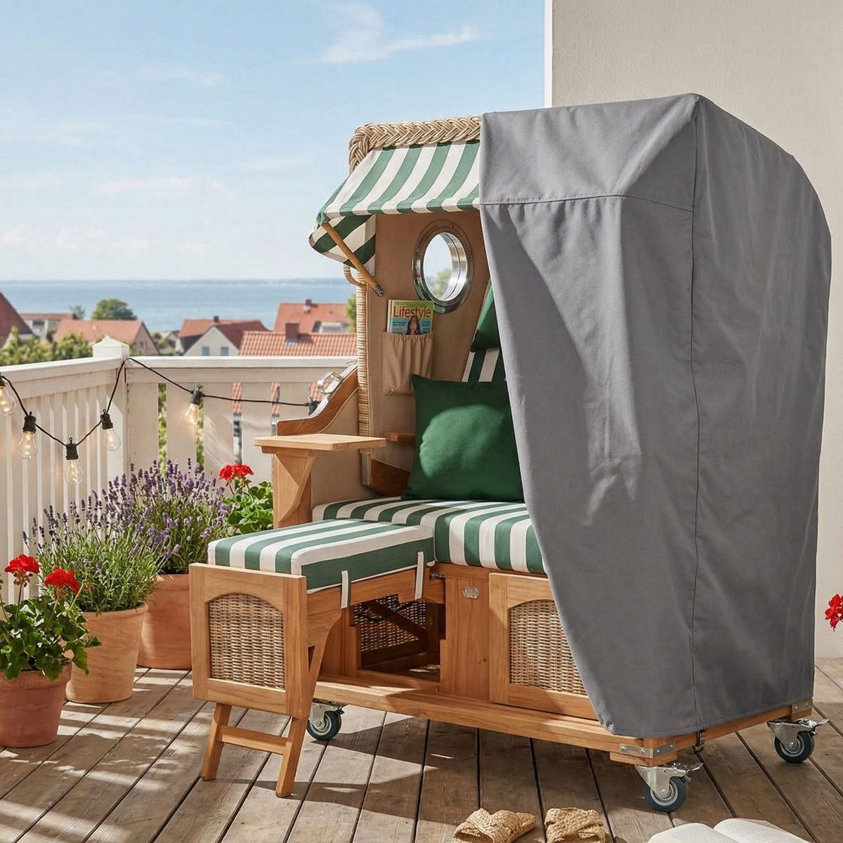 STRANDKORB Düne Komplettset - Braun/Grün, Naturmaterialien/Metall (125/170/80cm) - Mr. Deko