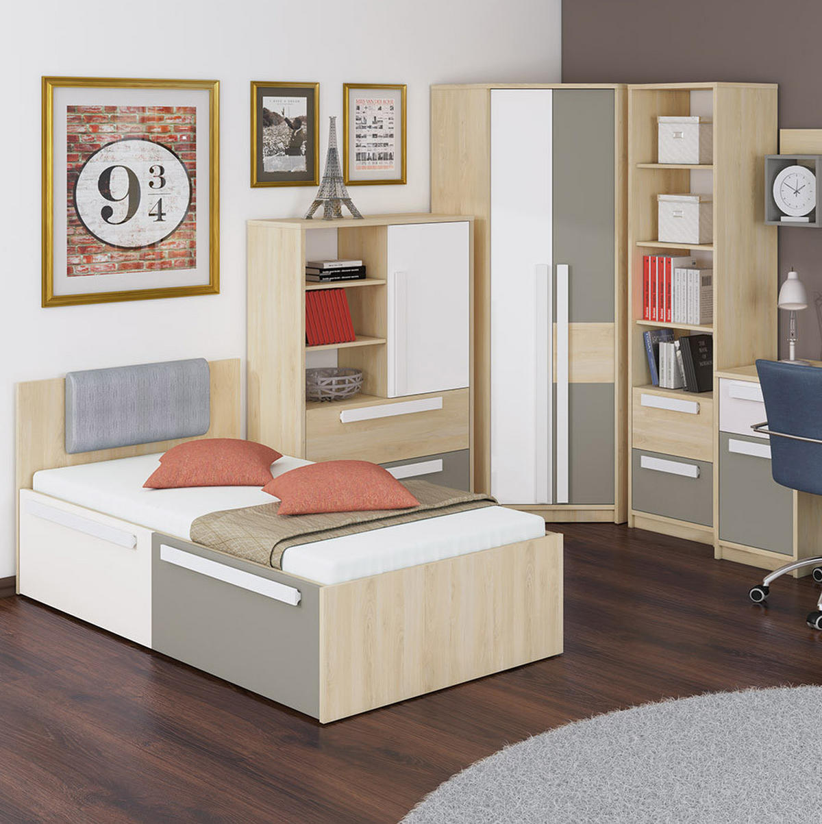 BETT Drop Fjord Buche - weiß - grau 97 / 205 / 81cm - Braun, Holz/Holzwerkstoff (90/200cm) - Feldmann-Wohnen