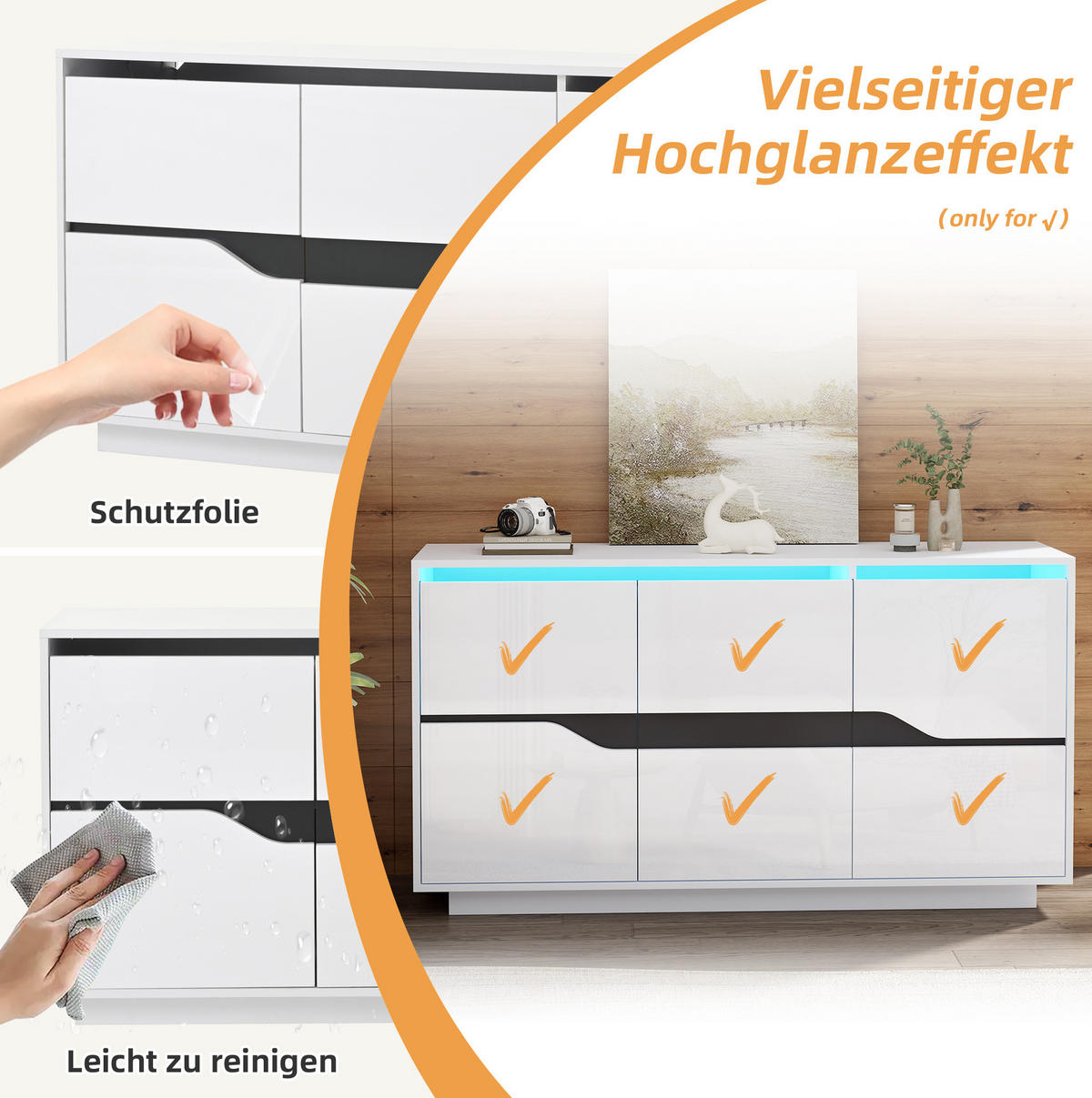 SIDEBOARD 140/40/70 cm mit 3 Türen, verstellbaren Einlegeböden und LED-Beleuchtung in Hochglanz, Weiß/Schwarz - Weiß, Holzwerkstoff (140/70/40cm) - Redom
