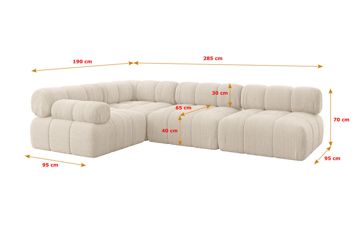 ECKSOFA modulares Sofa Mende-L2 - 285x190x70 cm Beige Cord - Beige, Holzwerkstoff/Textil (285/190cm) - ALTDECOR