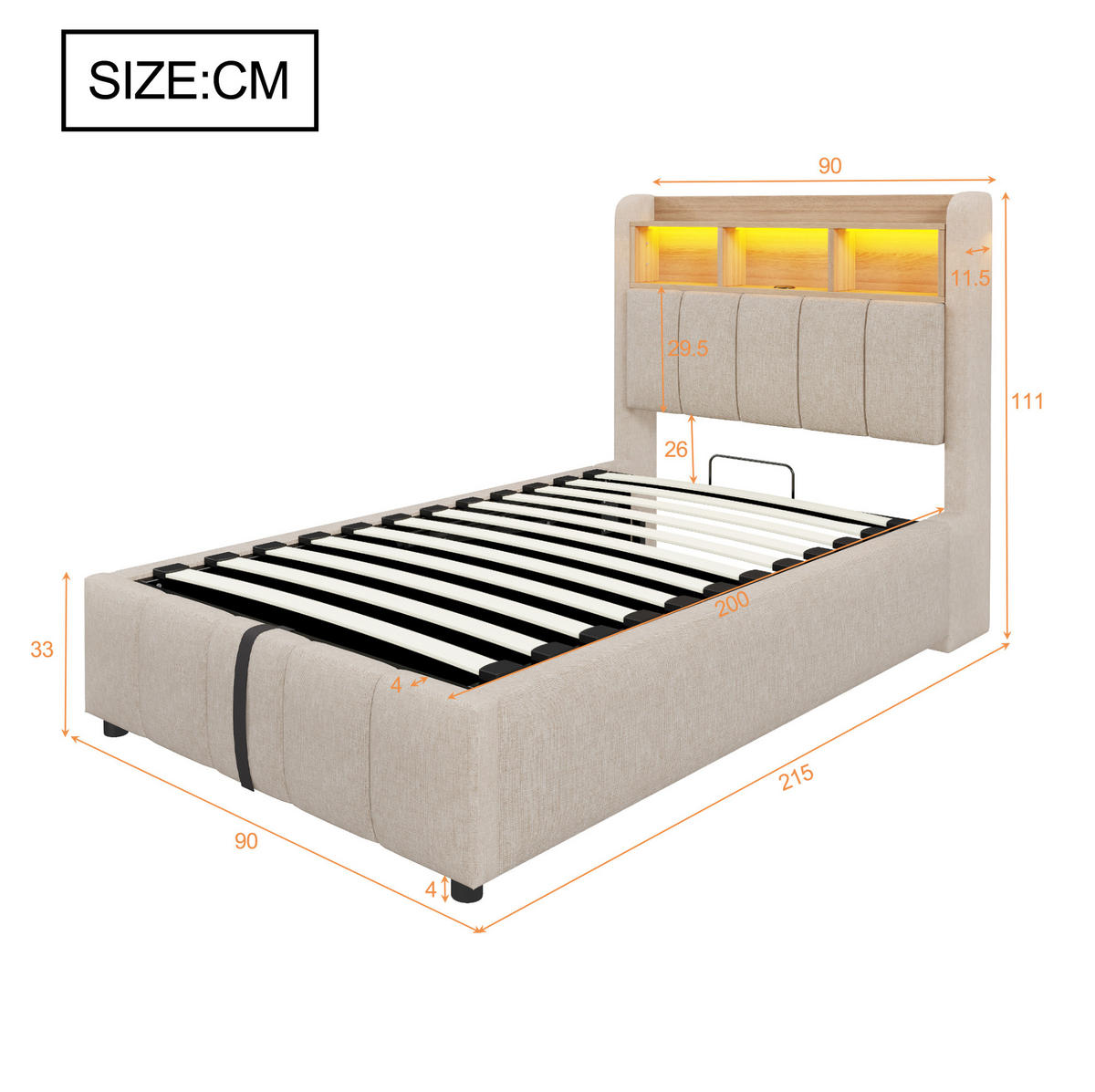 POLSTERBETT mit Stauraum, LED und USB 90x200 cm Beige - Beige, Metall (90/200cm) - Meubliv