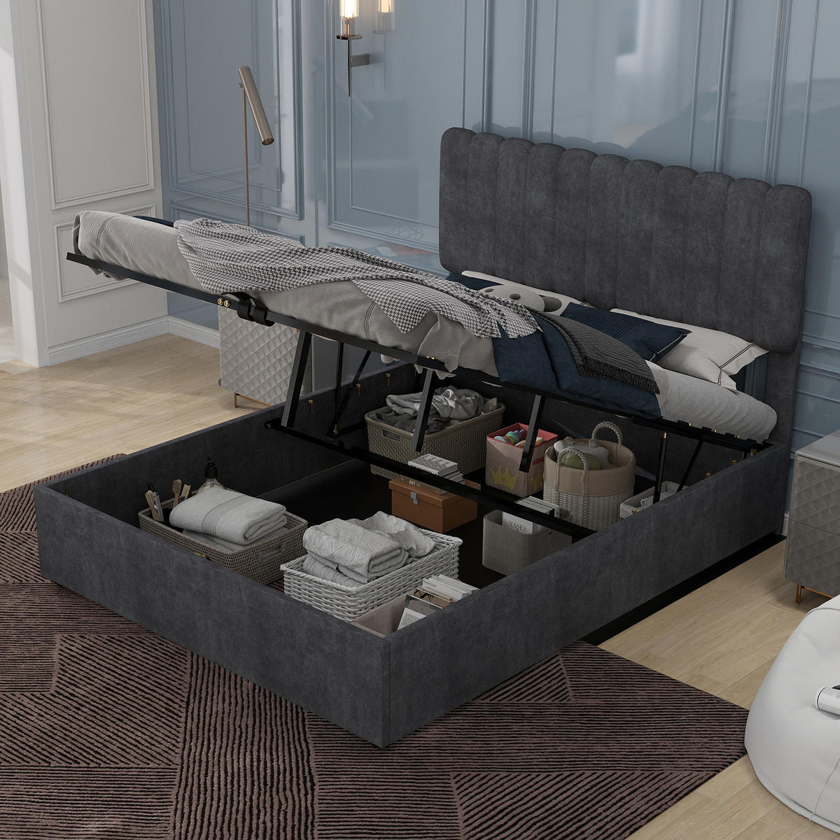 POLSTERBETT 160/200 cm grau aus Stoff und Metall mit Stauraum - Grau, Textil (160/200cm) - OKWISH
