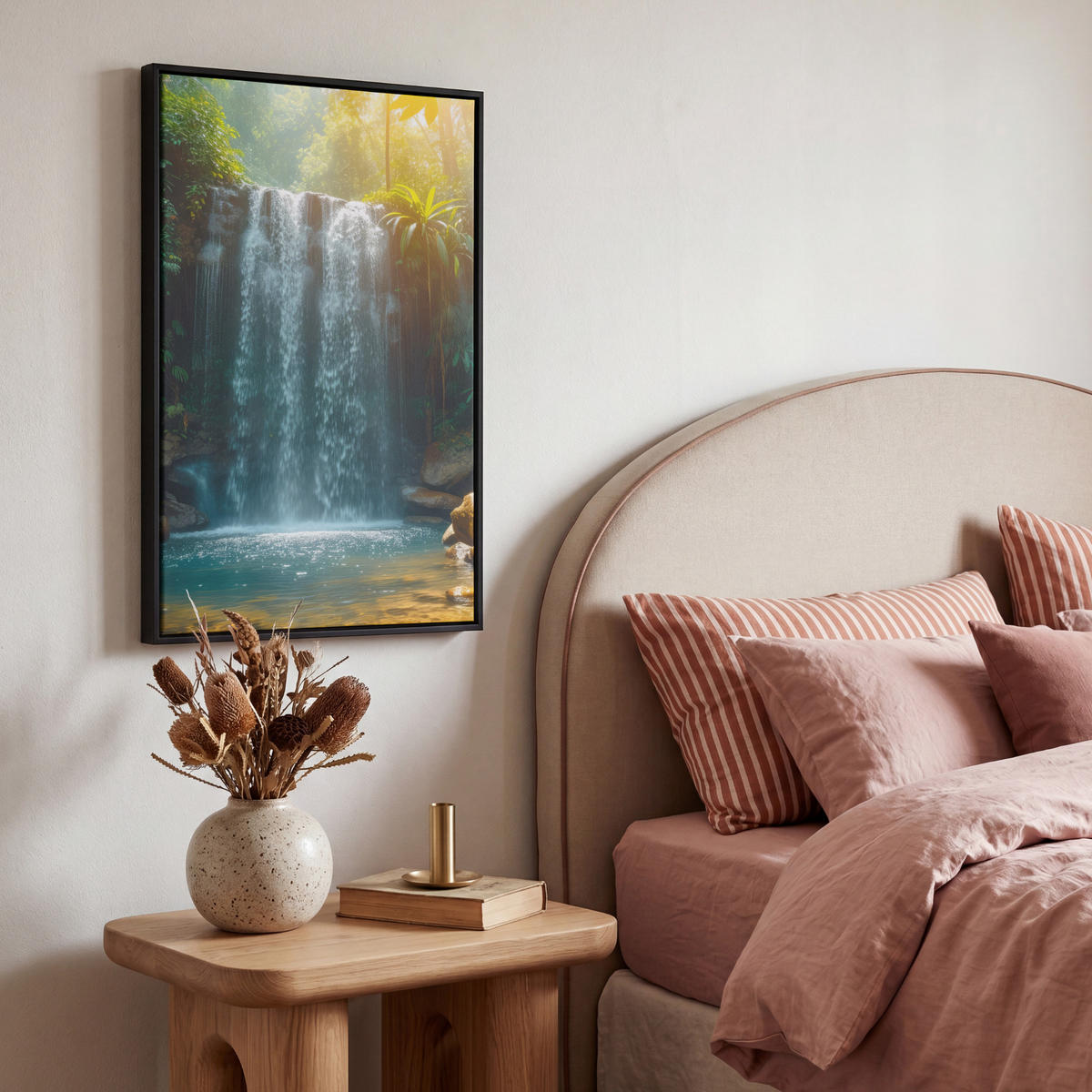 LEINWAND Bilder mit Rahmen - Wasserfall - Dschungel - Sonne - Grün - Natur - 40x60 - Grün, Textil (40/60cm) - MuchoWow