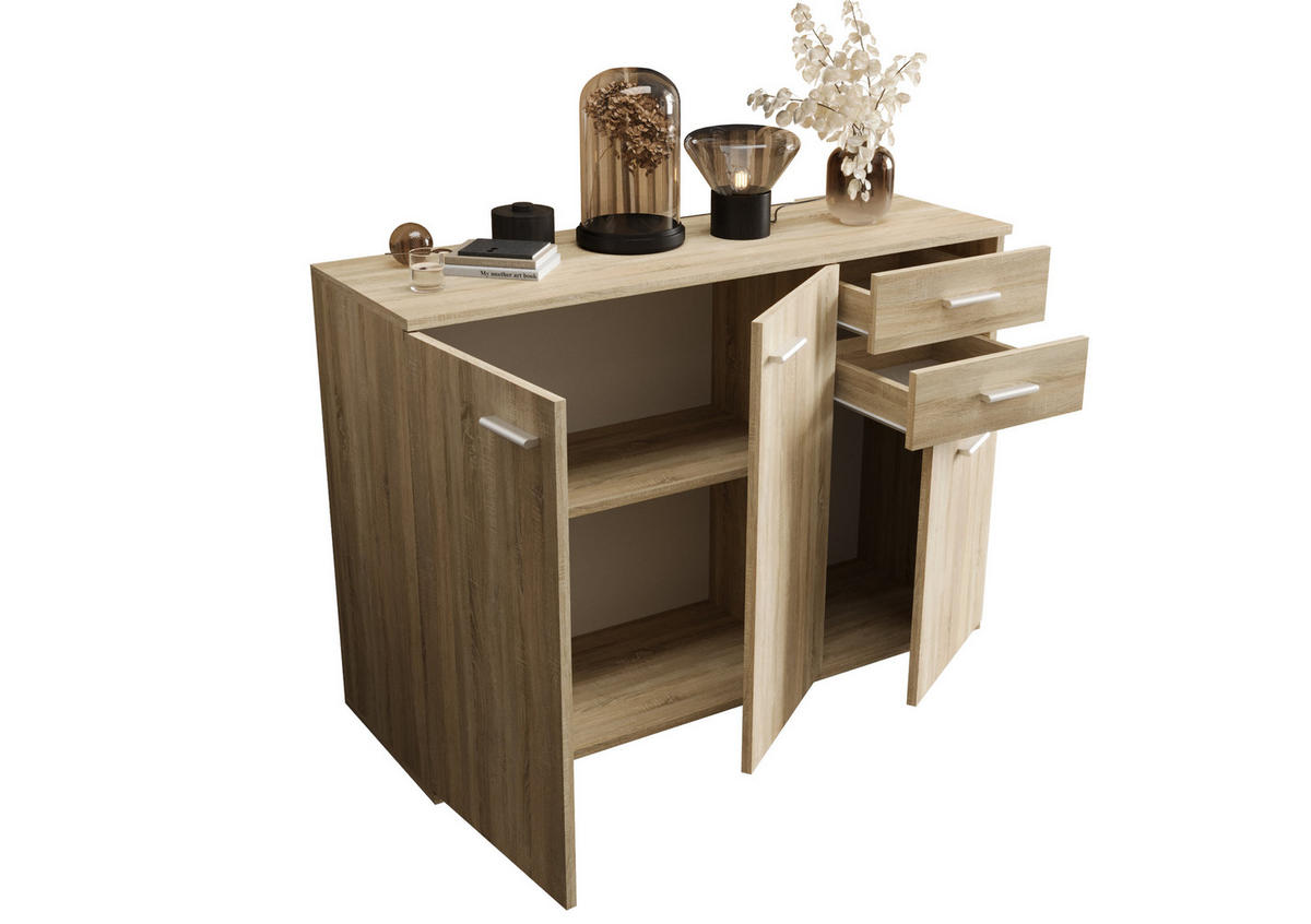 KOMMODE London LMK 3D2S mit 3 Türen, Sideboard in Farbe: Hellbraun, Größe: 106 x 75 x 35 cm - Hellbraun, Holzwerkstoff (106/75/35cm) - O-Sofa