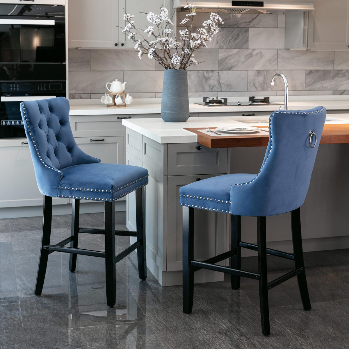 BARHOCKER 2er-Set Samt Blau mit Holzbeinen - Blau, Holz (50/103/60cm) - Meubliv