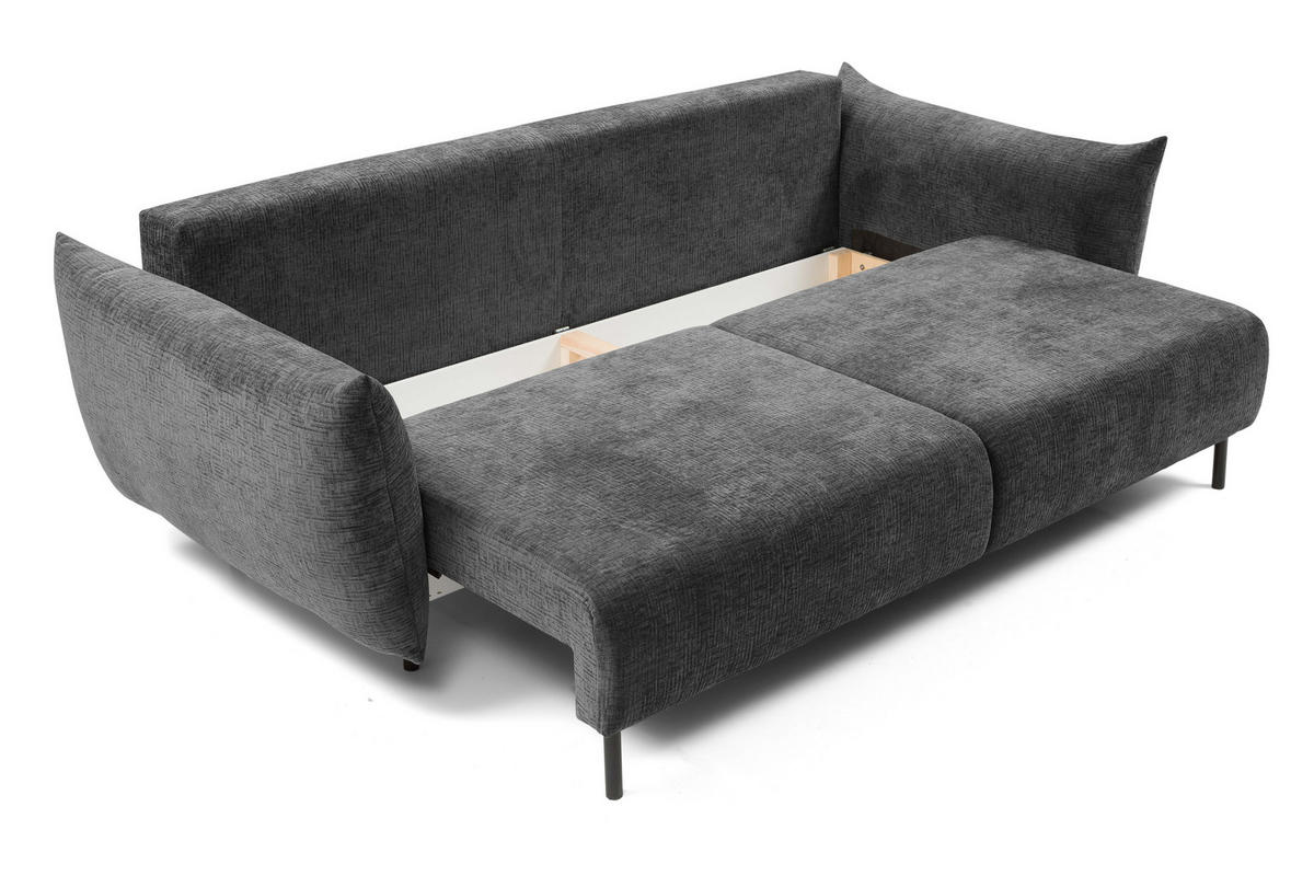SOFA ADEL - Schlaffunktion Und Bettkasten, Wellenfederung, PUR-Schaum, Schwarze Metallfüße lose Rückenkissen, freistehend, 240x108x75 cm Graphite - Graphitfarben, Holz/Textil (240/75/108cm) - DomoHome