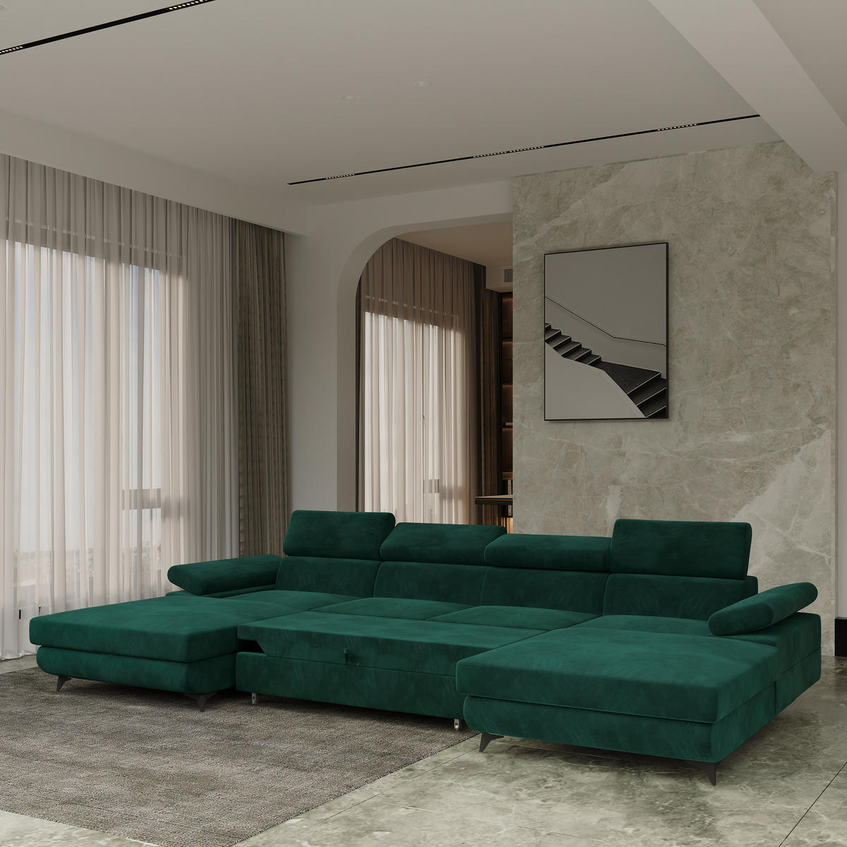 WOHNLANDSCHAFT DETTI Grün Velours-Stoff mit Schlaffunktion - Grün, Holz (339/89/190cm) - MASSENO