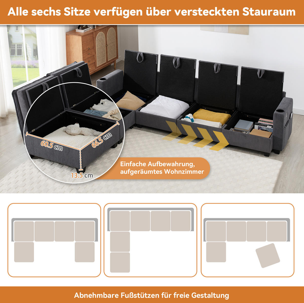 MODULÁRNÍ rohová pohovka 280/151/82 cm s USB, úložným prostorem a 2 taburety, manšestr, Šedá - šedá, textil/plast (82/280/151cm) - Redom
