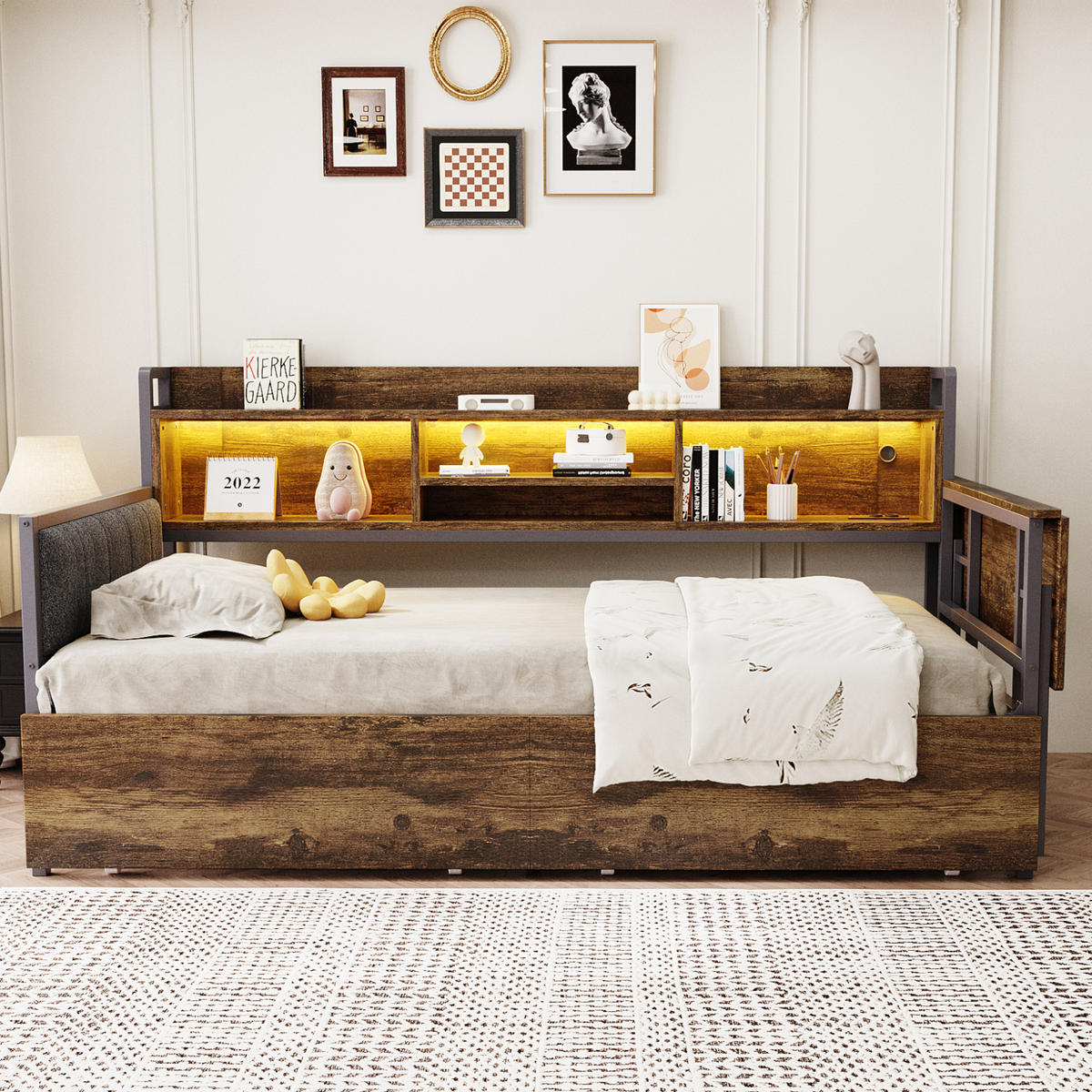 EINZELBETT 90/200 cm mit LED, Steckdose, Klappschreibtisch und 2 Schubladen, Metall, Weiß/ farbe - Naturfarben, Metall (90/200cm) - Redom