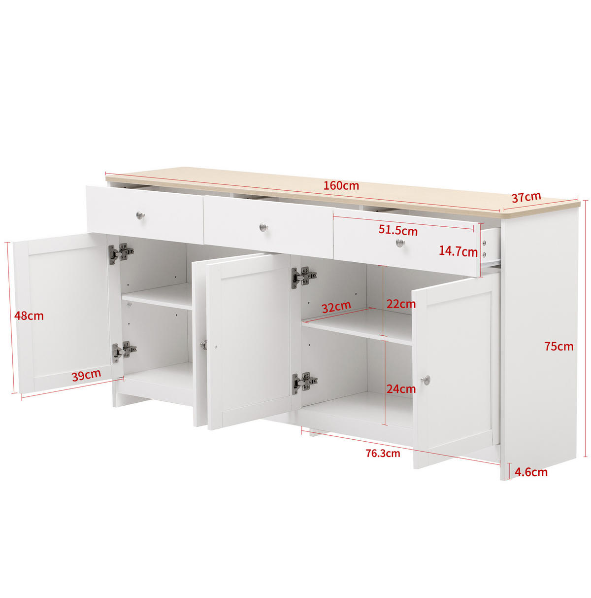 SIDEBOARD 160/37/75 cm in Weiß mit 4 Türen, 3 Schubladen und verstellbaren Böden - Weiß, Holzwerkstoff (160/75/37cm) - Flora Grace