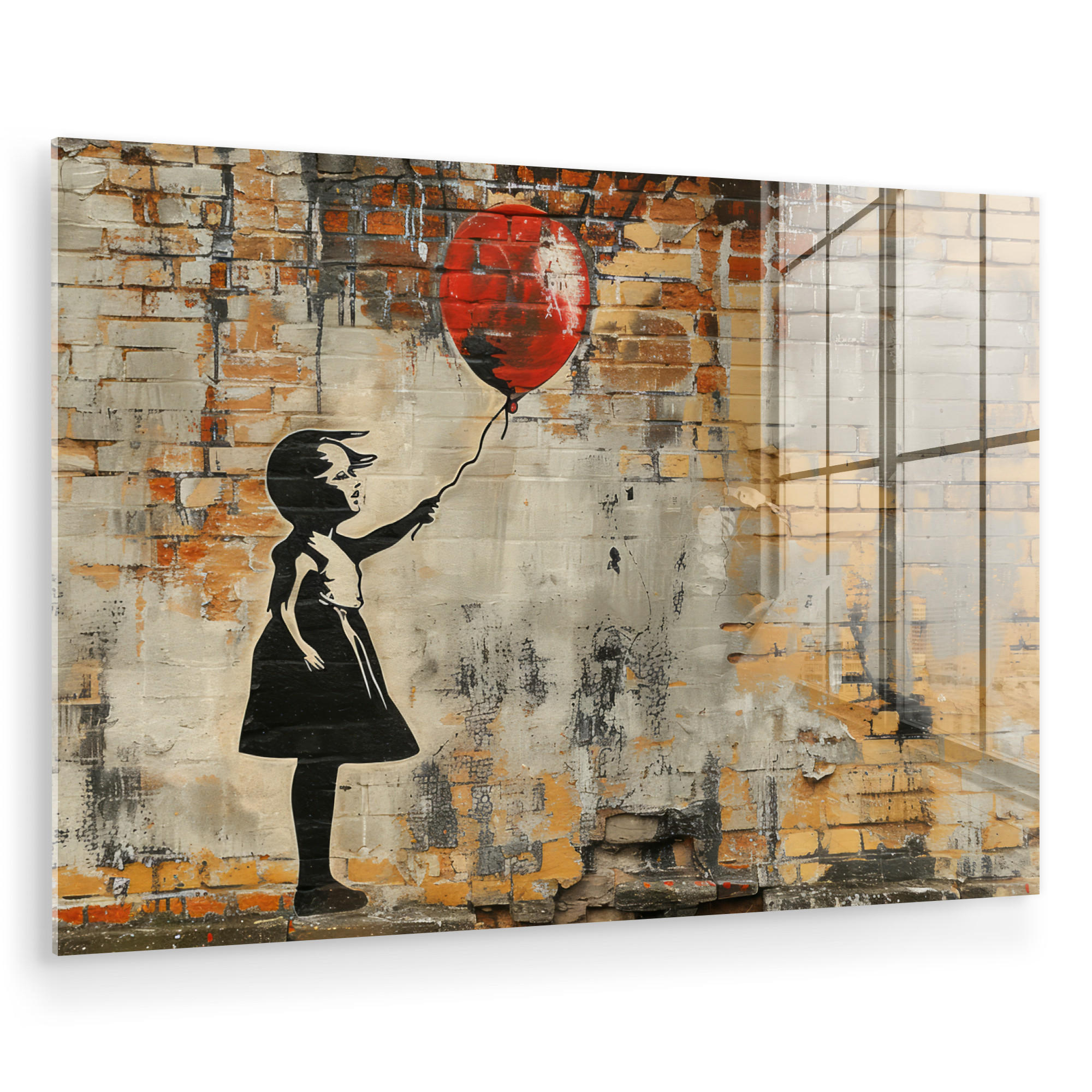 ACRYLGLASBILD Graffiti - Banksy - Mädchen - Straßenkunst 60x40 cm - Sandfarben, Glas (60/40cm) - MuchoWow