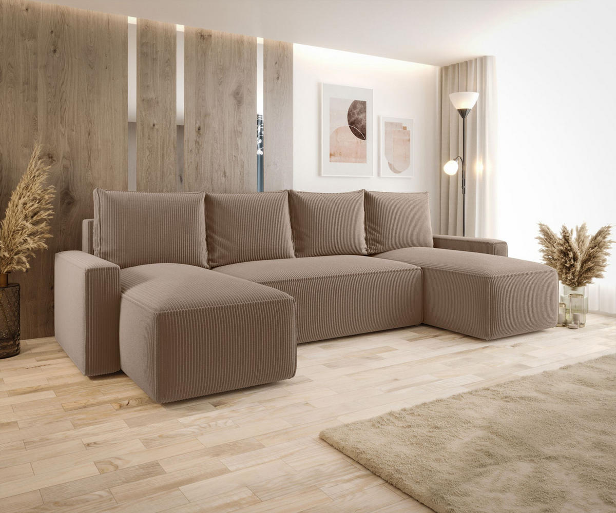 WOHNLANDSCHAFT mit Schlaffunktion SAVIO U Poso 02 - Cappuccino, Textil (300/75/140cm) - Bedante
