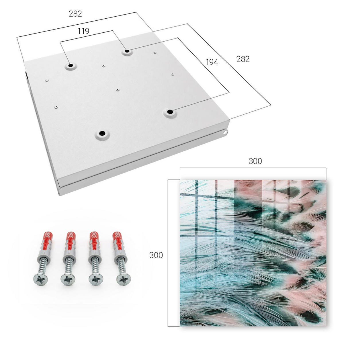 SCHLÜSSELBOX Weiß 30x30 cm – Türöffnung nach rechts - Pastellfarbene Federn - Hellblau, Metall (30/30/5cm) - TULUP
